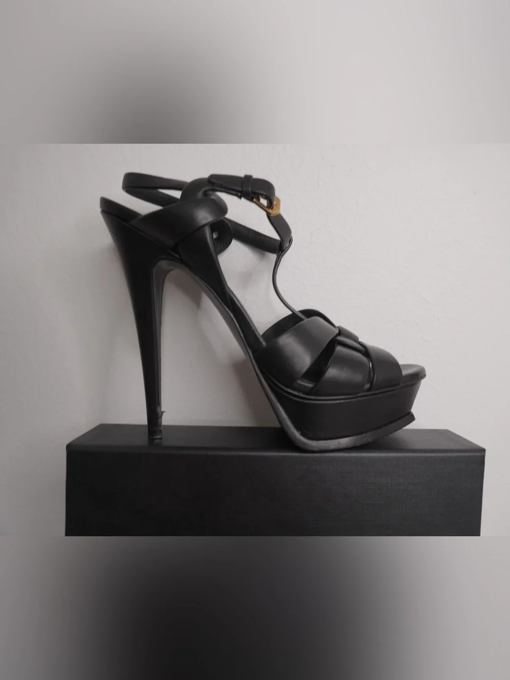 Saint Laurent Black Leather Woven T-Strap Platform Heels - Picture 9 of 12